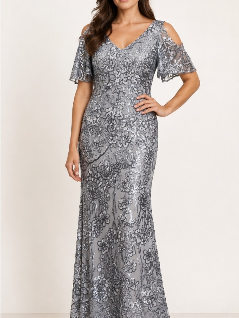 Alex Evenings Silver Sequin Lace Cold-Shoulder Maxi Gown
